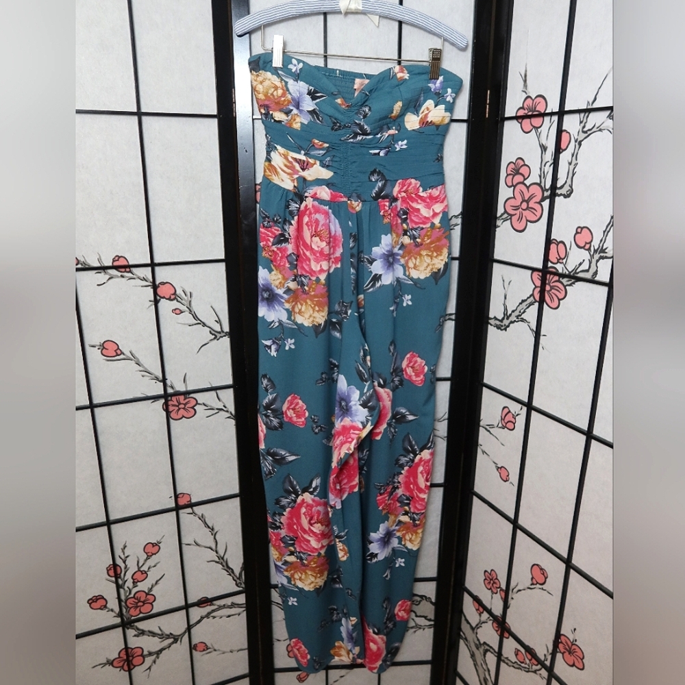 Band of Gypsies Teal and Pink Floral Wide Leg Sleeveless Jumpsuit Cinched Chest